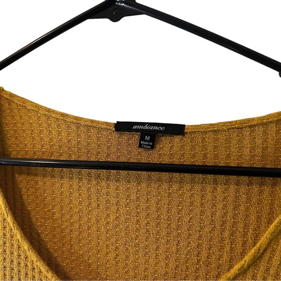 Ambiance Mustard Yellow Crop Top Medium Long Sleeve Waffle Knit Button Accents - Picture 3 of 4